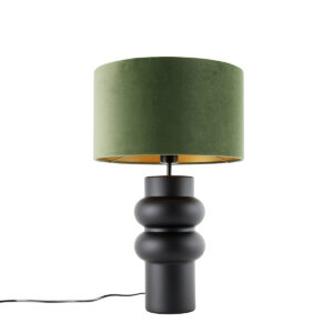 Design Table Lamp Black Velvet Shade Green with Gold 35cm - Alisia