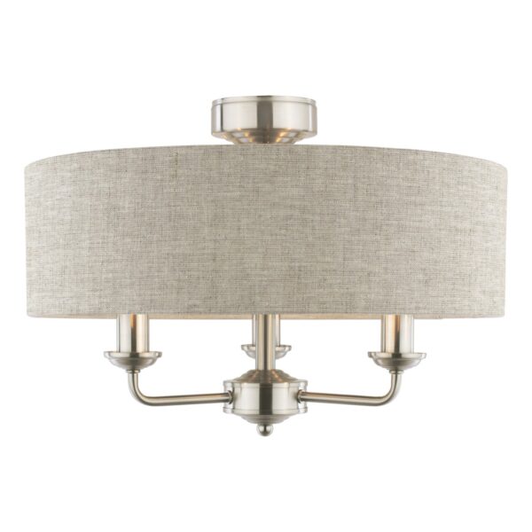 Laura Ashley Sorrento 3 Light Semi Flush Ceiling Light In Satin Nickel With Natural Shade LA3756393-Q