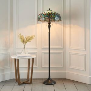 Dragonfly Blue Tiffany Glass Shade Floor Lamp In Satin Black