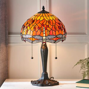 Dragonfly Flame Small Tiffany Glass Table Lamp In Dark Bronze