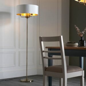 Hixson 3 Light Natural Fabric Floor Lamp In Antique Brass