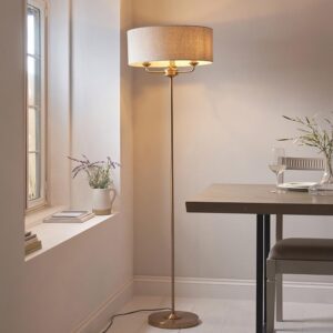 Hixson 3 Light Natural Fabric Floor Lamp In Vintage Brass