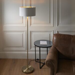 Hixson White Fabric Shade Floor Lamp In Antique Brass