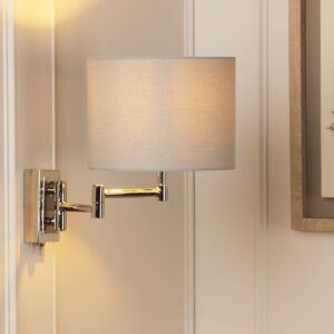 Laura Ashley Marlowe Wall Light In Polished Nickel With Grey Cotton Shade