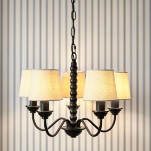 Laura Ashley Norbury 5 Light Ceiling Chandelier In Matt Black With Natural Linen Shades