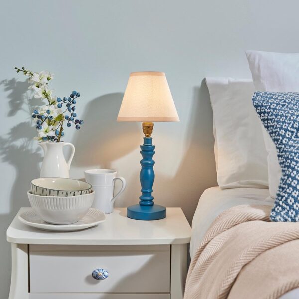 Lenoir Vintage White 16cm Shade Wood Table Lamp In Marlin Blue