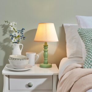 Lenoir Vintage White 20cm Shade Wood Table Lamp In Cotswold Green