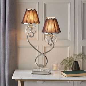 Oksana Twin Table Lamp In Nickel With Chocolate Shades