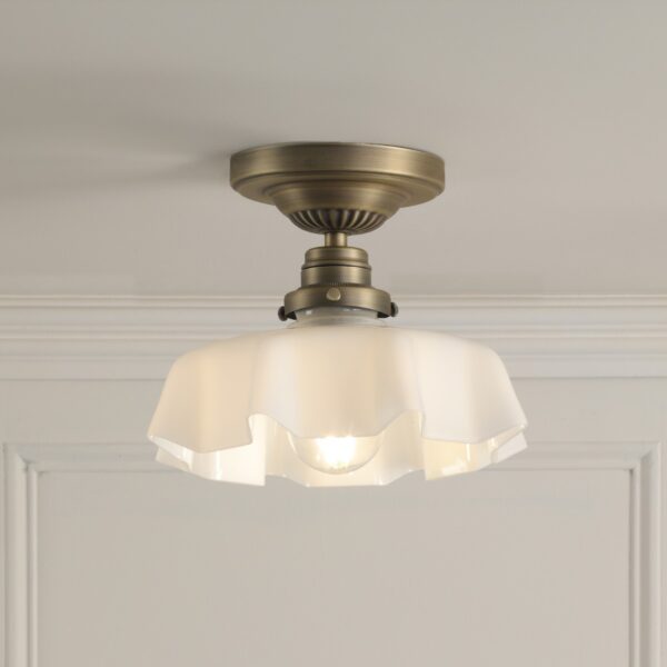 Laura Ashley Banham Semi Flush Ceiling Light In Matt Antique Brass With White Glass