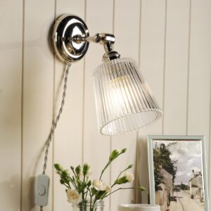 Laura Ashley Callaghan Plugged Wall Light In Polished Nickel And Ribbed Glass LA3756596-Q