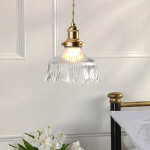 Laura Ashley Theodore Ceiling Pendant Light In Antique Brass With Ribbed Glass Shade